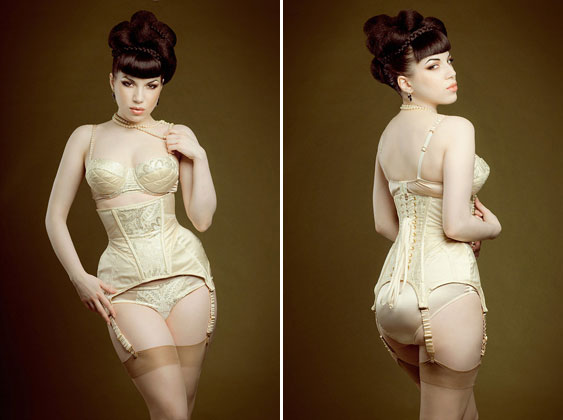 Maxine of London Lace-back cincher girdle, quilted balconette bra and matching knickers